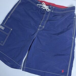 Polo Ralph Lauren Men's Large Lined Swim Trunks Shorts Navy Blue Red Pony